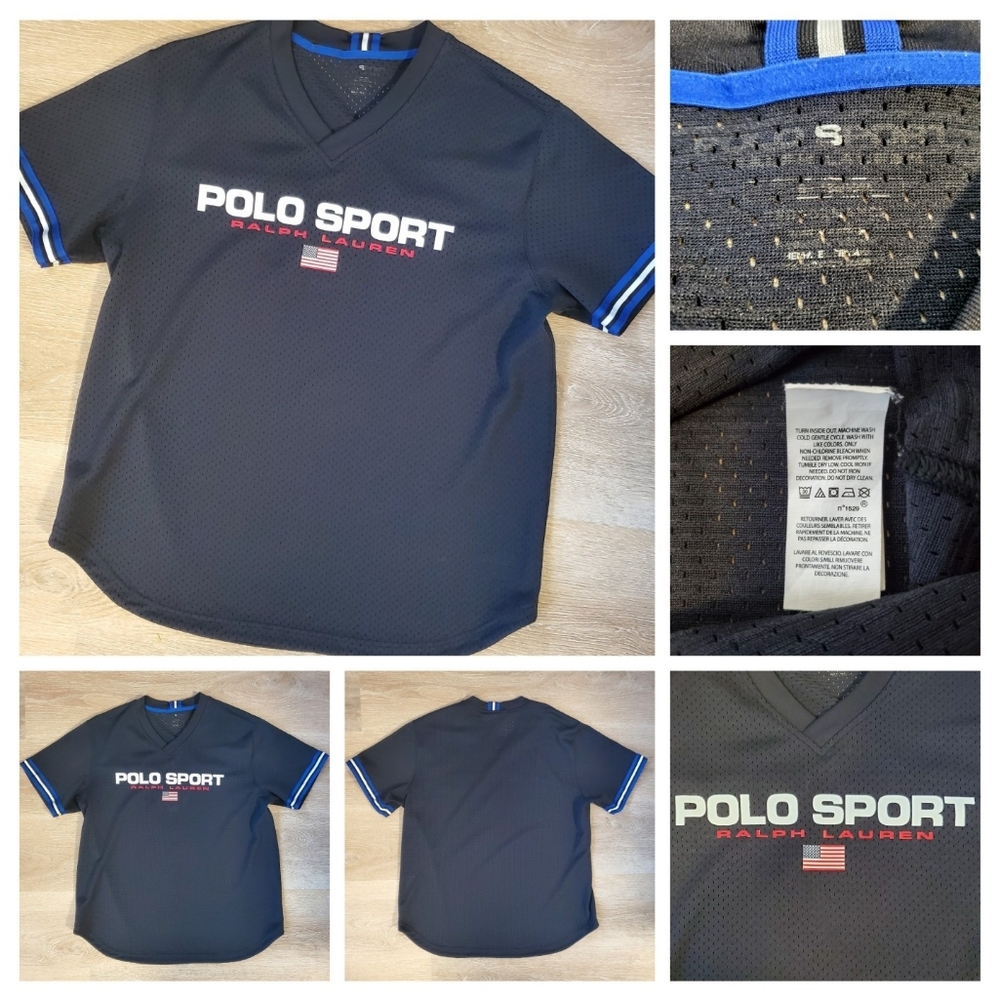 POLO SPORT Ralph Lauren Mesh V-Neck Jersey Shirt Black Royal Blue Men's XL EUC